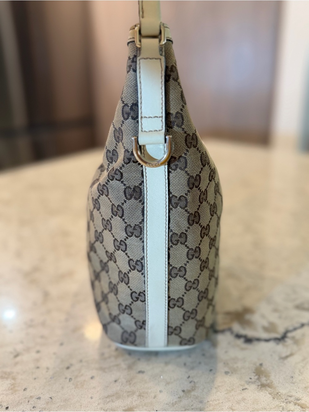 Gucci New Britt Hobo Bag GG Monogram Canvas White Leather Trim Authentic - Picture 4 of 13
